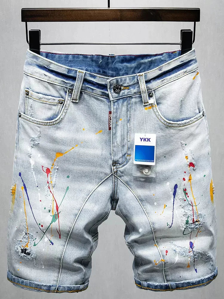 Summer Fashion Men Jeans Retro Light Blue Elastic Stretch Ripped Short Jeans Painted Spliced Hip Hop Denim Shorts Men 241205