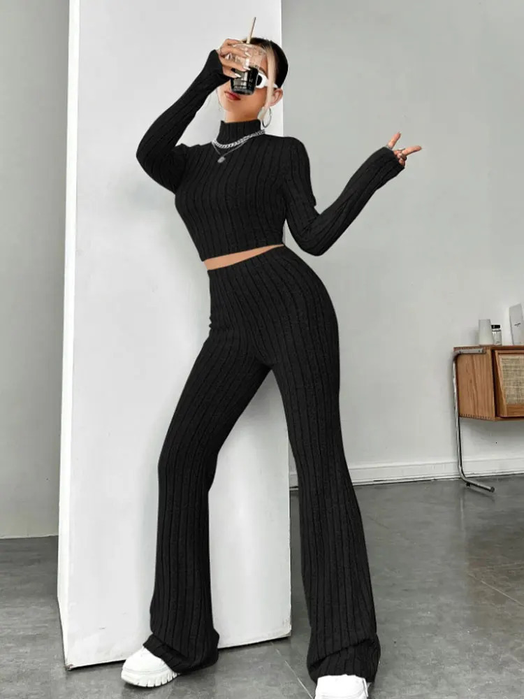 WomenS Stand Collar Knit Striped Long Sleeve T-Shirt And Pants Two Piece Set 241204