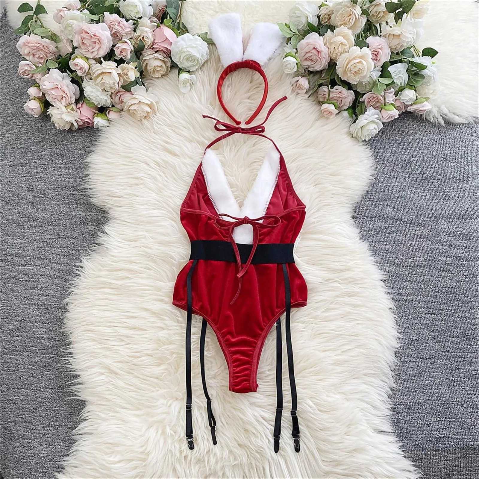 WomenS Christmas Sexy Lingerie Pajamas Red White P Bodysuit With Rabbit Ear Headband Santa Claus Cosplay Erotic LingerieXJ241205
