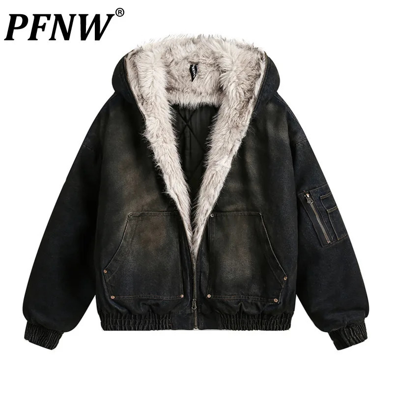PFNW mens thick denim quilted padded jacket autumn and winter trends oversized fur collar hooded cotton padded jacket 241202