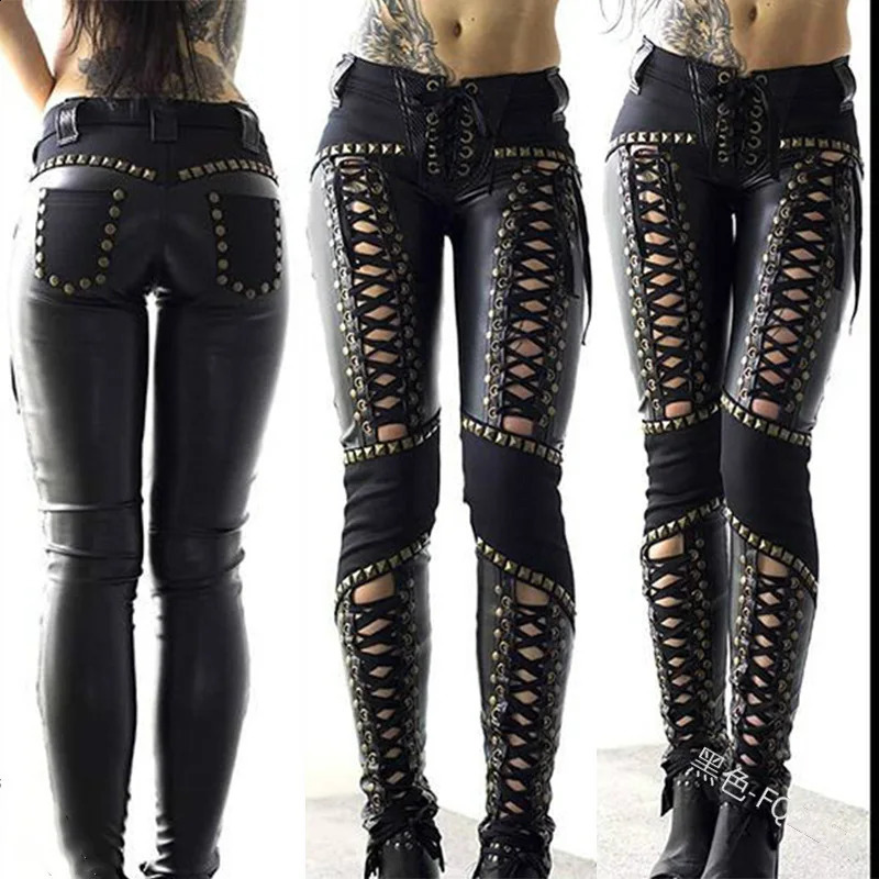 Women Pants Punk Rock Leather Pencil Sexy Hollow Out Bandage Leggings Streetwear Womens 241205