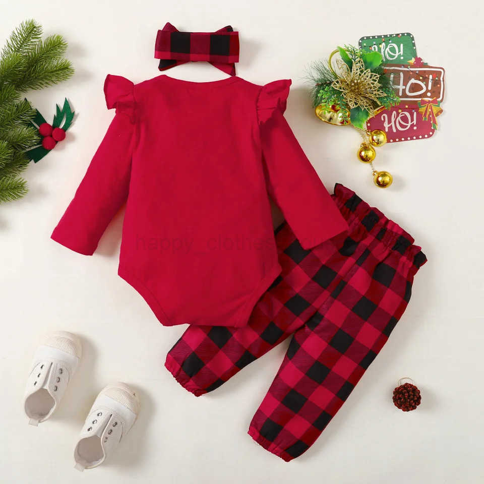 Newborn Infant Baby Girls Clothes Cotton Sets Long Sleeve Romper Pant Hats Fashion Printed 3Pcs Outfit For Christmas DayXJ241205