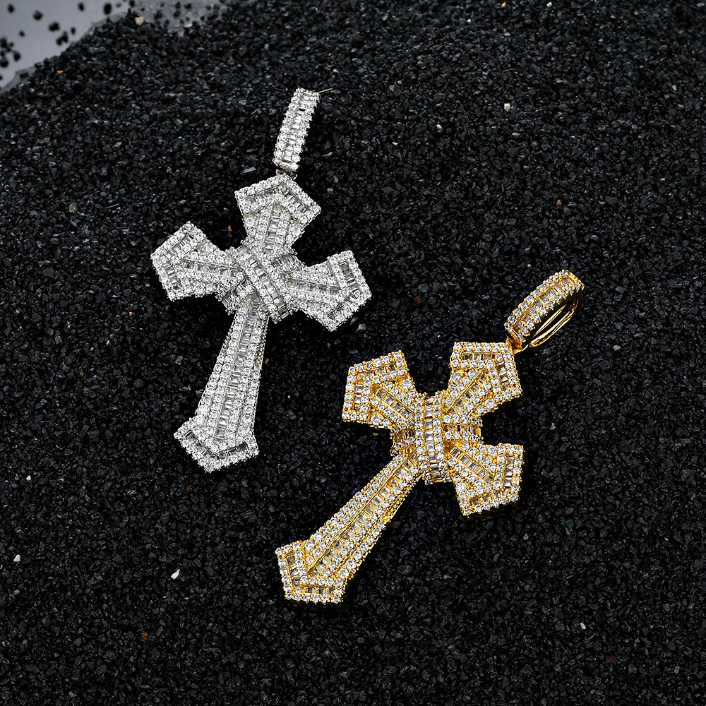 Rulalei Brand Cross Pendant Hip Hop Jewelry Sterling Sier Gold Fill Princess Cut White 5A Cubic Zircon CZ Dia Women Wedding Clavicle Necklace Gift