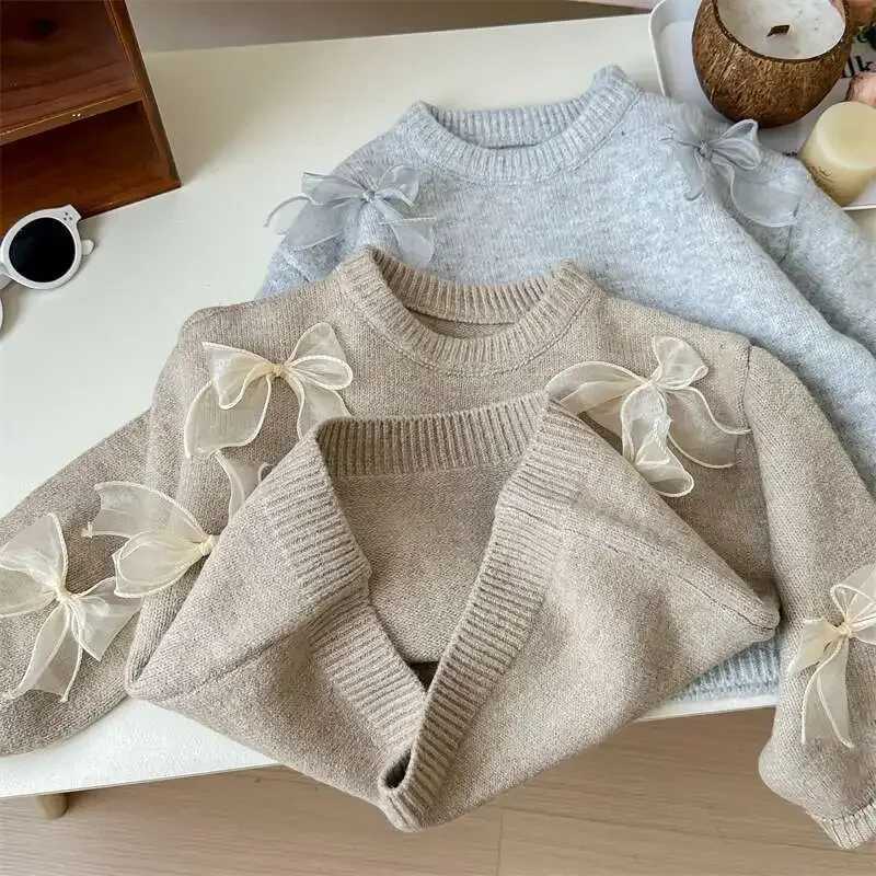 Korean Childrens Clothing Autumn New Girl Baby Solid Bow Sweater Winter Fashion Sweet Childrens Princess Knitted Sweater W241205