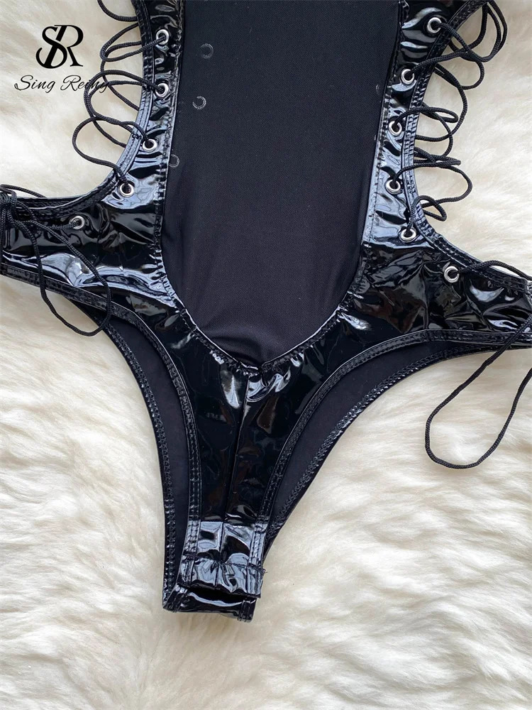 SINGREINY PU Leather Sensual Halter Camis Rompers Drawstring Lace-Up Slim Playsuits Female Open Crotch Erotic Lingerie Bodysuits 241205