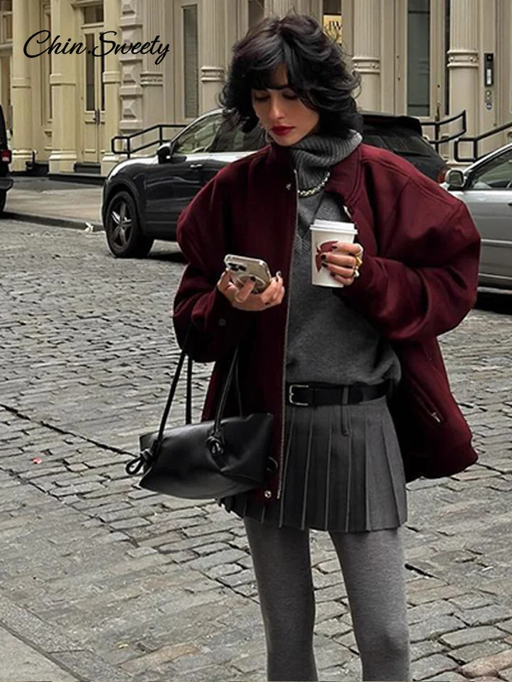 Fashion Loose Baseball Jacket Women Autumn Casual Oversized Zipper Pockets Wine Red Bomber Coat Vintage Thick Warm Outwear 241205