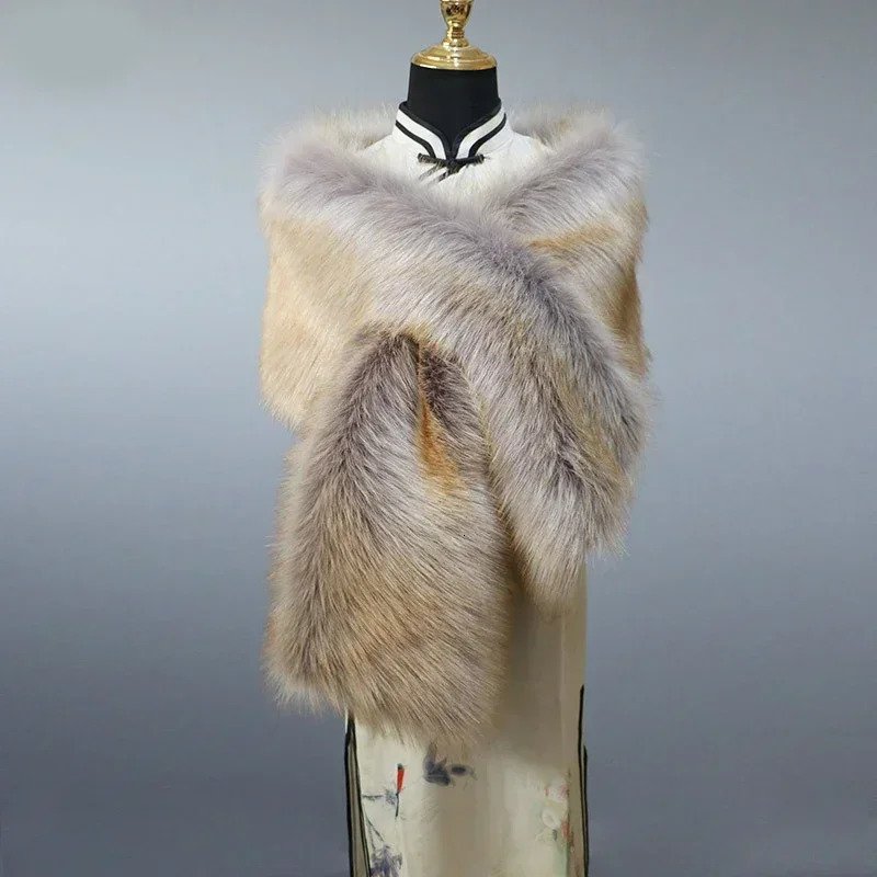 Autumn and Winter Warm Cheongsam Shawl Neck Warm Fur Shawl Stage Performance Plush Wide Shawl Party Accessories 241205