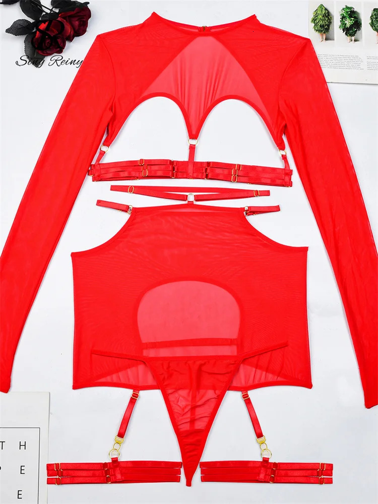 SINGREINY Erotic Sheer Sexuality Underwear Set Hollow Out Bandage Slim Women Shapewear Club Long Sleeve Lingerie 5 Pieces Suits 241205