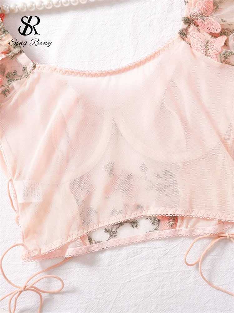 SINGREINY Mesh Sheer Sexy Underwear Suits Lace-Up Puff Sleeves Short Top+Mini Briefs Floral Embroidery Sensual Two Piece SetXJ241205