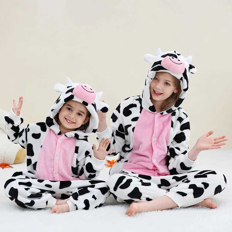 Pajamas Kids Onesies Animal Flannel Pajamas for Children Girl Kigurumi One-piece Milk Cow Pyjama Halloween Cosplay Costume Winter Outfit H241205