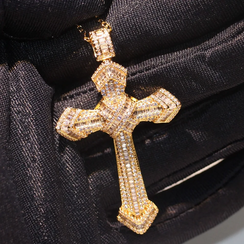 Rulalei Brand Cross Pendant Hip Hop Jewelry Sterling Sier Gold Fill Princess Cut White 5A Cubic Zircon CZ Dia Women Wedding Clavicle Necklace Gift