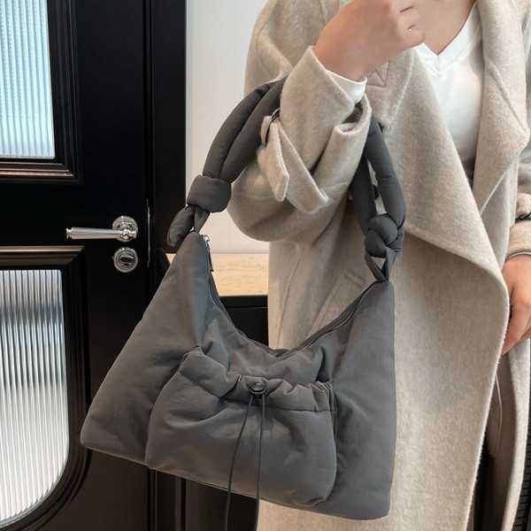 Casual nylon fabric single shoulder crossbody bag women, cotton clip, knottable shoulder strap handbag, cotton filled drawstring tote bag 241215