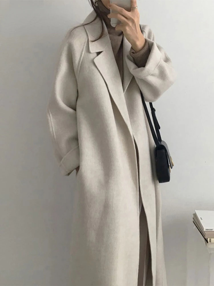 French Lazy Style Warm Female Fresh Winter Classical Belt Retro Loose Women Woolen Coats Chic Casual Long Coat Long 241204