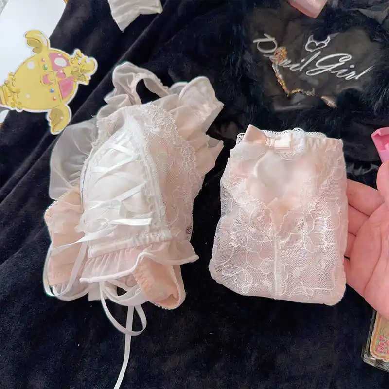 Sexy Bra Lolita Girl Thin Lace Rabbit Ears Cup Small Chest Underwear Female Large Breasts Show Small Triangle Cup Bra Set SexyXJ241205