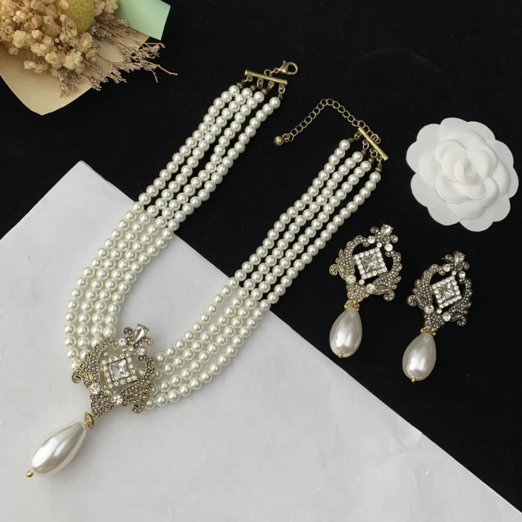 Multi layer glass pearl necklace with gemstone droplet pendant sweater chain earring set 241205