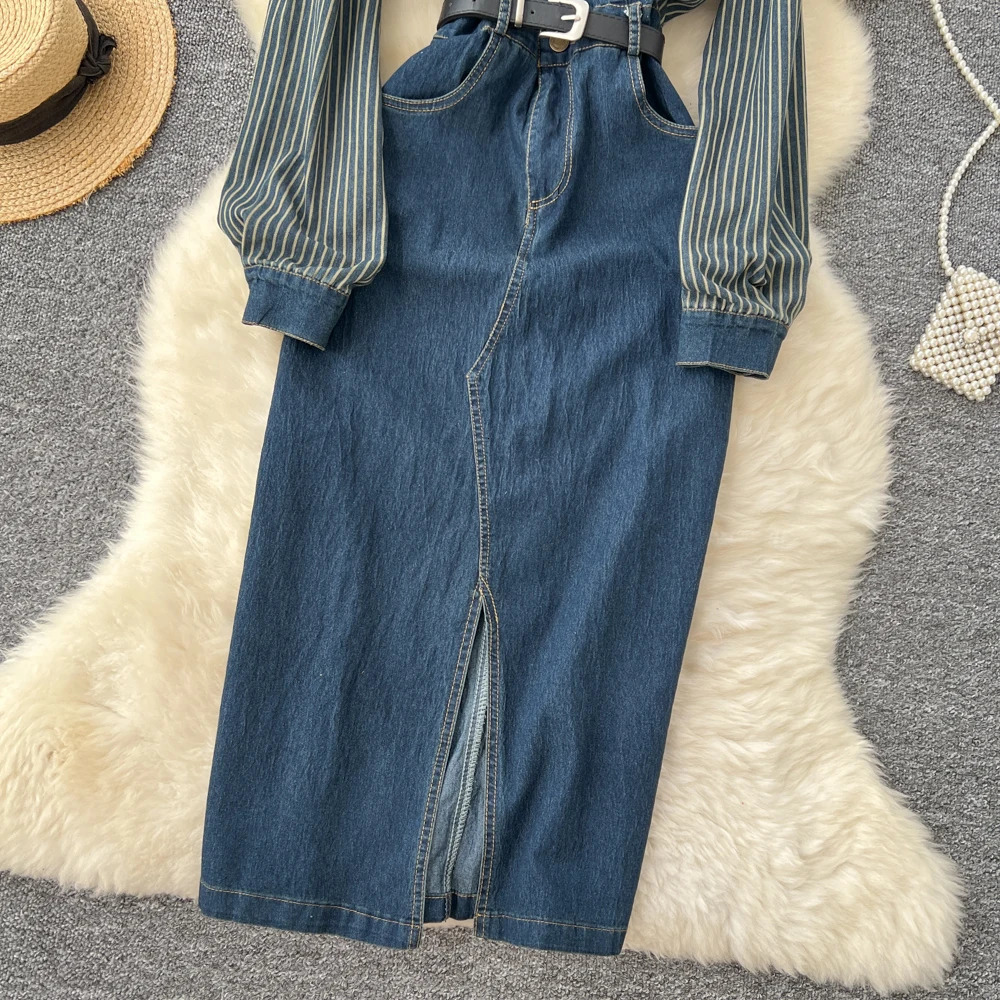 Women Long-sleeved Denim Dress Design Sense Niche Long-Sleeved Striped Splicing Lapel Metal Buckle Waist Slim Split Jeans Dress 241204