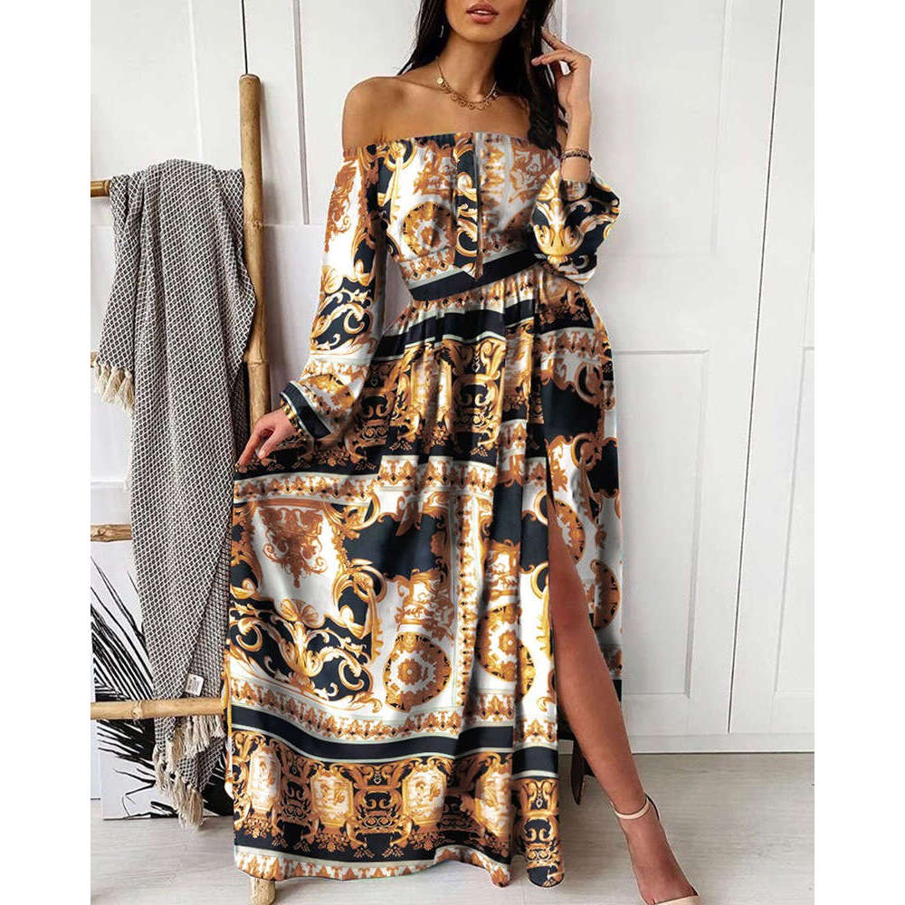 European and American Dress Printed V-neck Retro Long Sleeve Large Swing Open Skirt 2024 New Casual Versatile Fashion Clothing