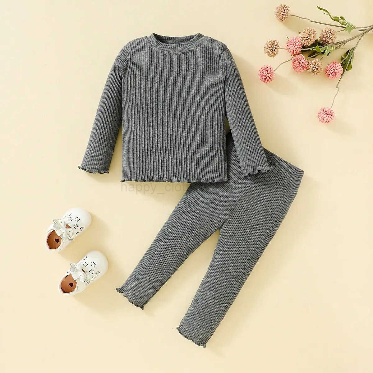 Toddler Girl Solid Color Outfit Long Sleeve Round Neck Pullover Tops Long Pants 2 Pieces Autumn Winter Baby Girl Clothes SetXJ241205