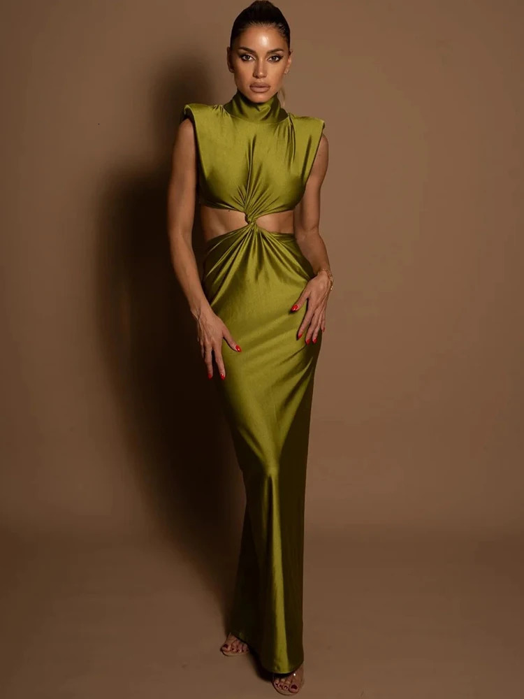 Mozision Hollow Out Turtleneck Sexy Maxi Dress For Women Fashion Solid Sleeveless Bodycon Tank Dresses Femme Club Party Dress 241205