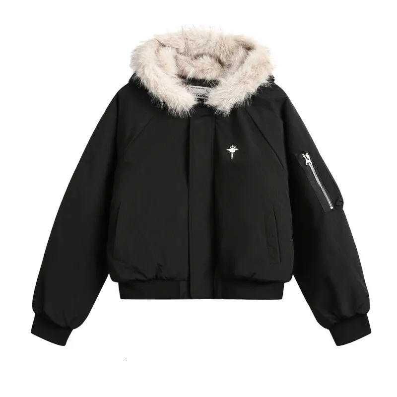 PFNW unisex winter warm fur collar hooded bedding jacket trend brown loose leather cover short cotton padded jacket 241202