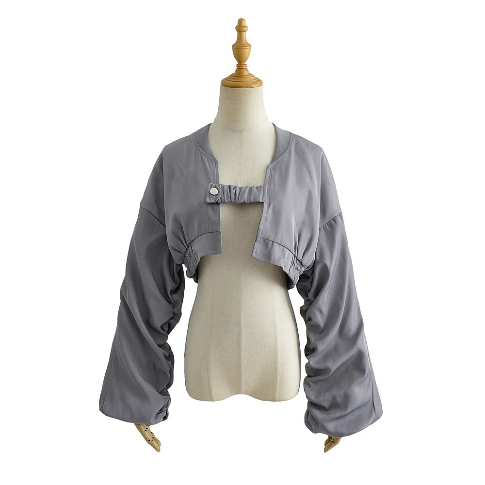 Women Streetwear Ruched Sleeve Casual Basic Cropped Bomber Coat Female Outwear Plain Gray Black Short Women Baseball Jackets 241205