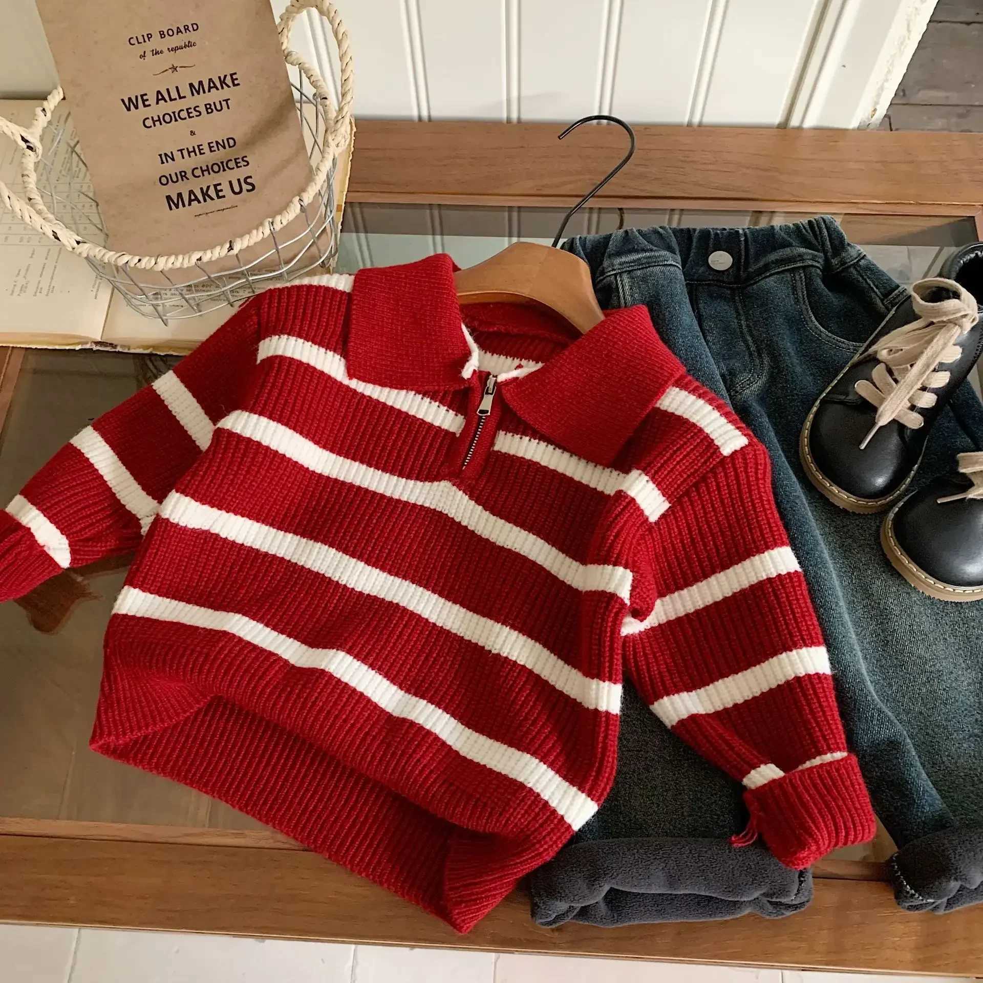 Childrens Sweater New 2024 Autumn/Winter Striped Bag Korean Fashion Simple Self Heating W241205