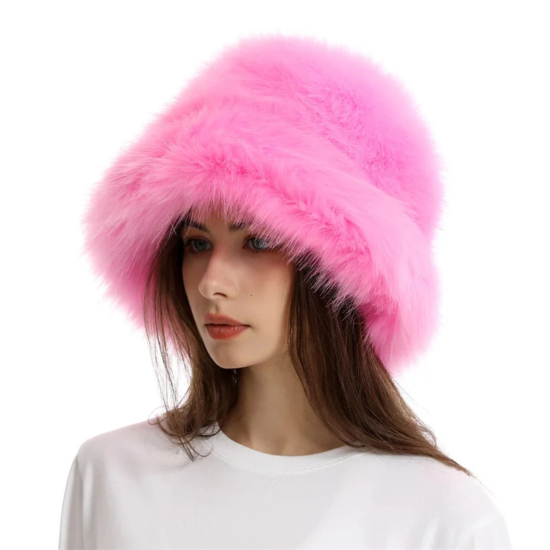 Warm plush bucket hat for women oversized earrings fluffy faux fur hat fashionable fur raccoon fur hat solid color hat 241205