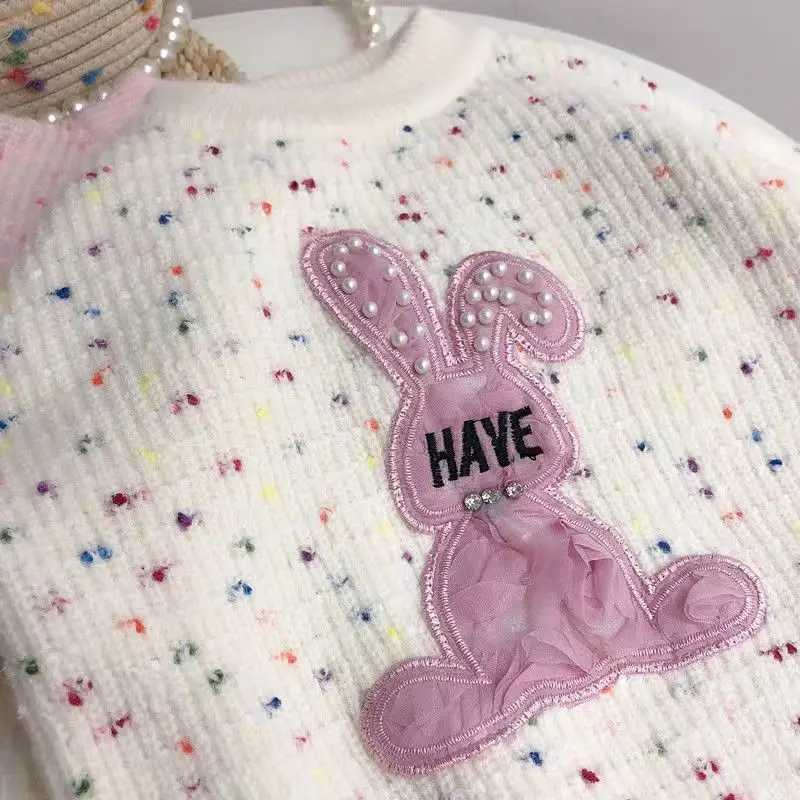 2024 Girls Latest Pink Rabbit Childrens Fashion Cute Sweater Bead Rabbit Girl Sweater Girl Knitwear W241205