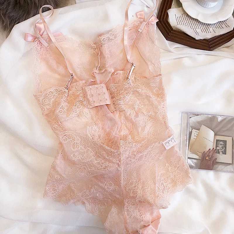 Wriufred Sexy fairy pink strappy bow perspective bra set one-piece suit small night clothes temptation lace lingerieXJ241205