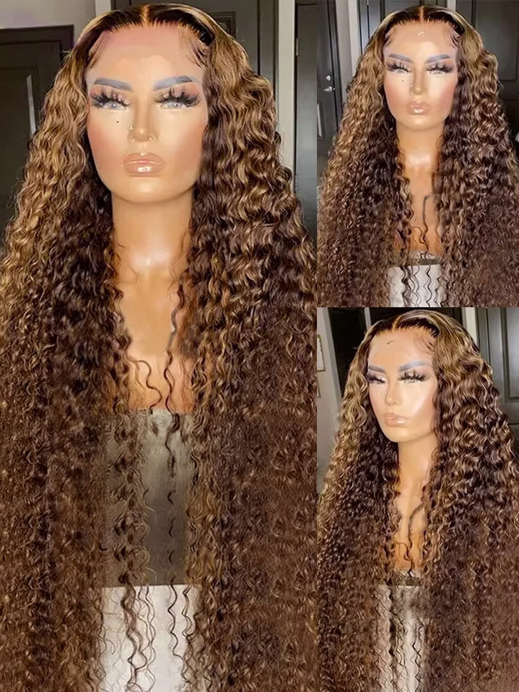 4/27 Highlight Ombre Deep Wave HD Front 200 Density Curly 30 Nch 13X5 Brown 13X6 Lace Frontal Human Hair Wig Brazilian