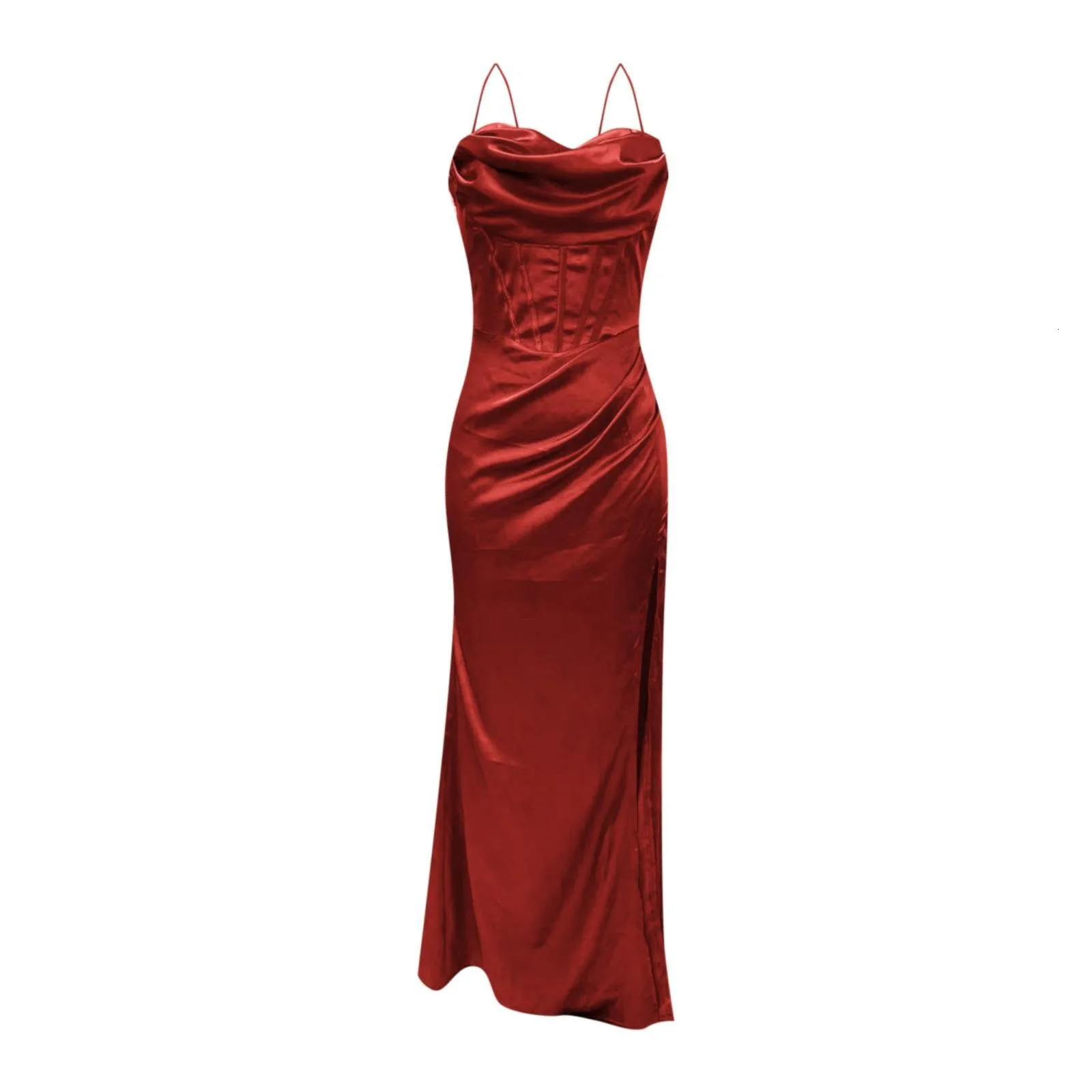 Ladies Satin Silk Suspender Formal Dress Slim Back Strap High Waisted Corset Slit Long Evening Party Dress Solid Birthday Dress 241205