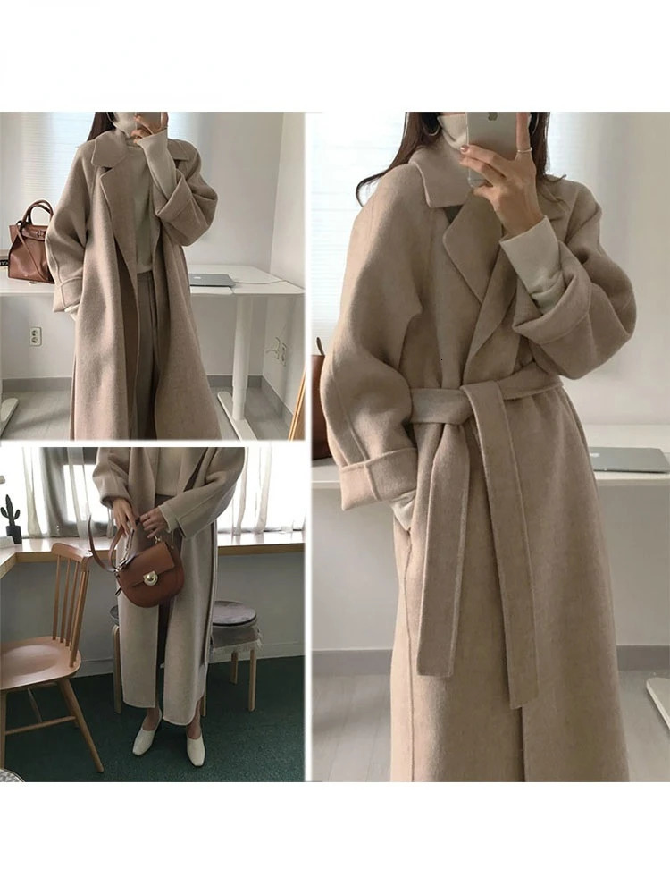 French Lazy Style Warm Female Fresh Winter Classical Belt Retro Loose Women Woolen Coats Chic Casual Long Coat Long 241204