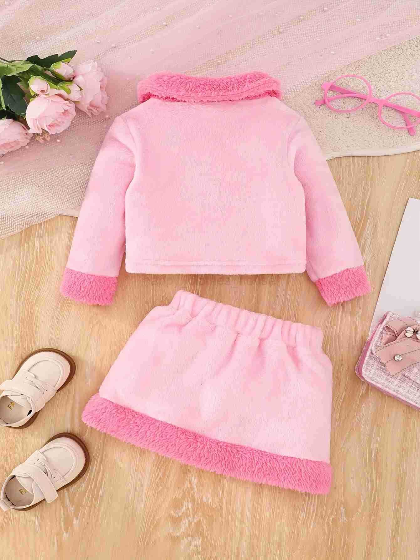 2-Piece Set Autumn And Winter New Cute Baby Girl Fur Suit Spliced Collar Fur Collar Jacket + Plush Skirt Sweet And ComfortableXJ241205