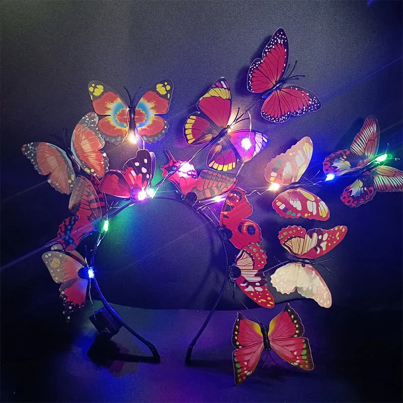 Butterfly Fascinator Headband Glowing LED Light up Bohemian Hair Band Hoops Colorful Headpiece for Party Wedding Christmas 241122