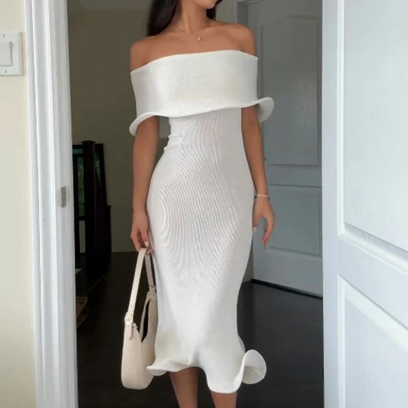 Elegant Princess One Shoulder Slim Party Dress Summer Sexy Solid Lotus Edge Mini Dress Women Shawl Sleeve Bodycon Tube Top Dress 241205