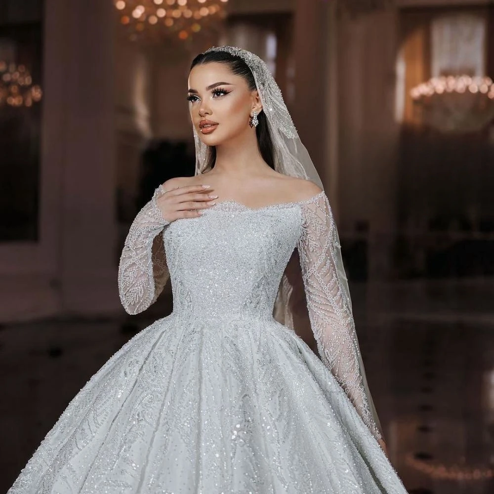 Sparkly Beaded Wedding Dress With Train Strapless Long Sleeve Bridal Gown Customized Ball Gowns Dresses For Bride vestidos de novia