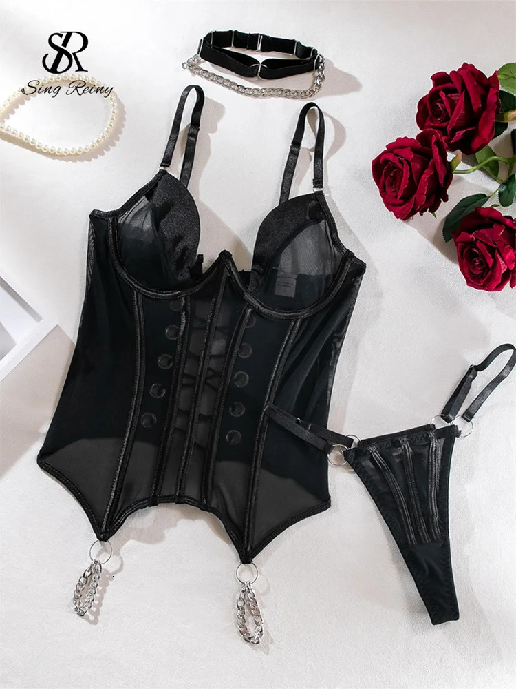SINGREINY Sheer Sensual Corset Underwear Suits Strapless Camis Skinny Erotic Lingerie Lace Up Backless Women Sexy Bra Sets 241205