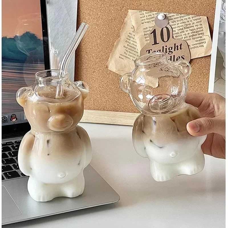 Cartoon Bear Shaped Coffee Mug Cute Bear Mug Glass Cup with Straw Glasses Cup Birthday Christmas Gifts for Women Kids FriendsXJ241205