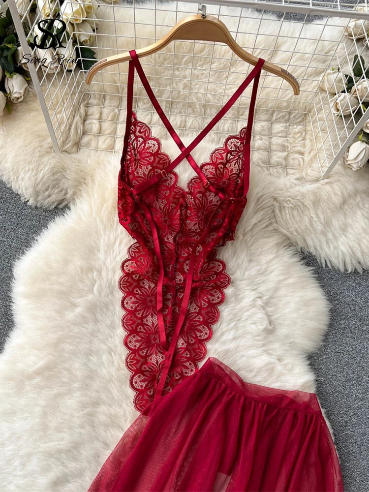 SINGREINY Lace Sensual Erotic Two Pieces Suits Camis Short Bodysuits TopsMidi Long Mesh Chiffon Skirts Women Underwear Sets 241205