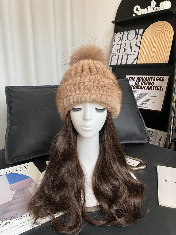 womens winter natural mink fur hat knitted real mink fox fur ball hat womens warm bear hat 241205