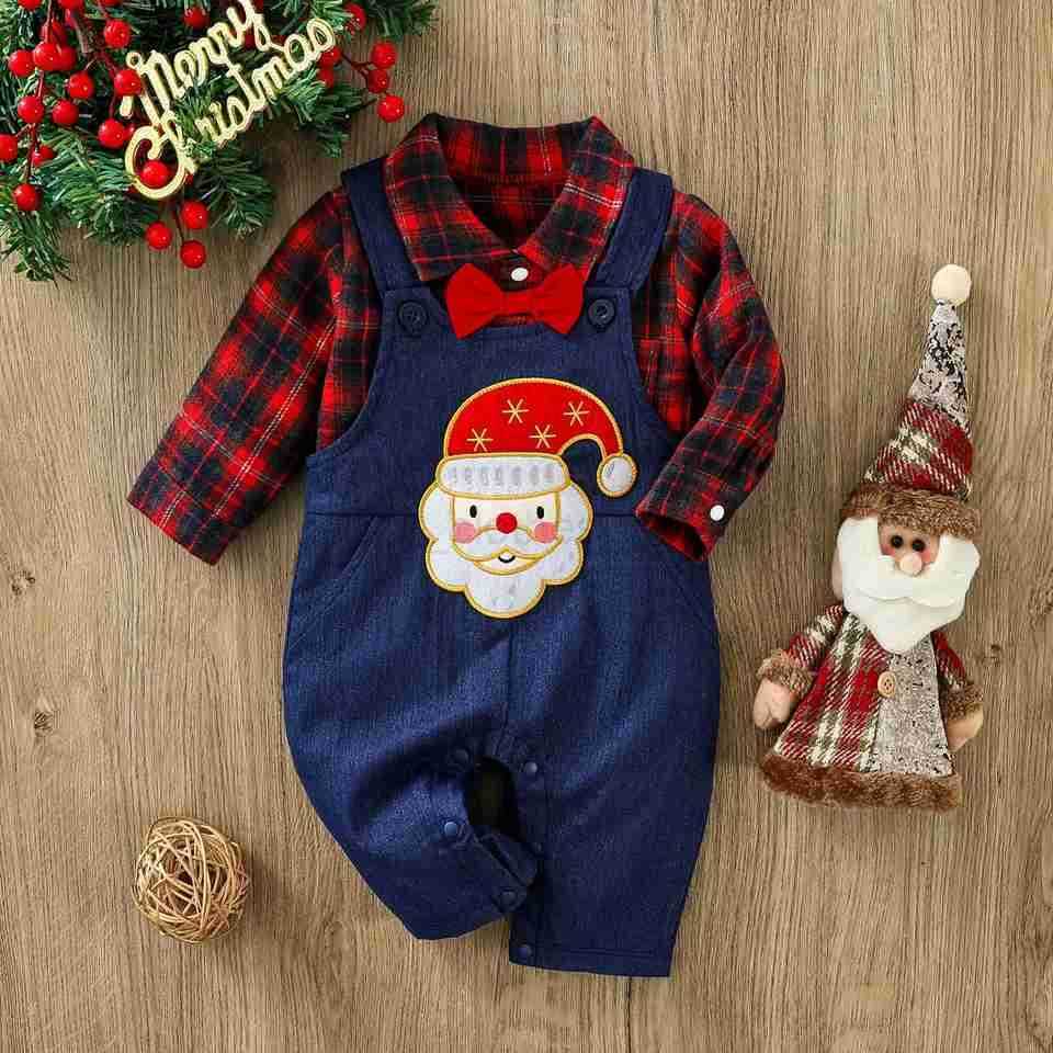 2-piece baby boy plaid shirt and denim overalls setXJ241205