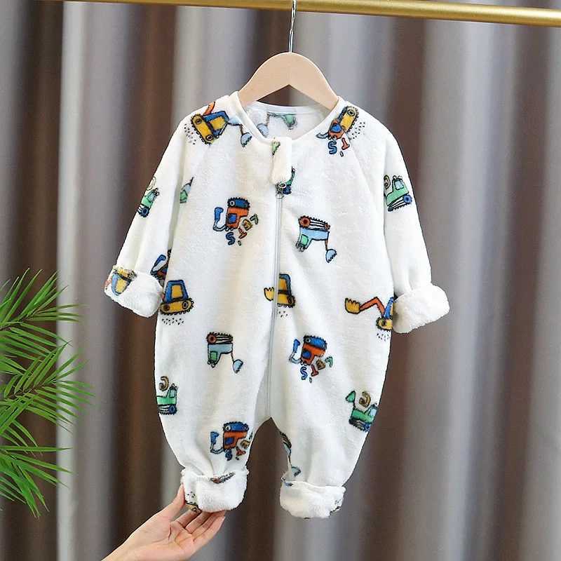 Pajamas New Boy Fall Winter Thicken Coral Double Fleece Onesie Girl Pajama Baby Crawling Clothe Padded Sleeping Bag Outwear Fit Jumpsuit H241205