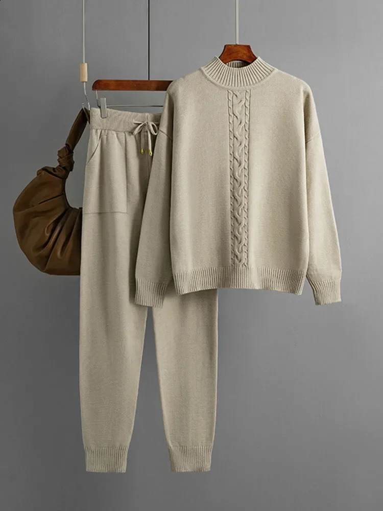 Fall Winter Sweater 2 Piece Set Casual Half Turtleneck Knit Pullover Tops Conjuntos High Waist Harem Pants Suits 241205