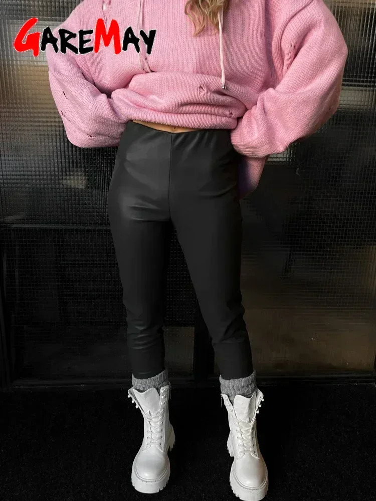 Winter Womens Leather Pants Black Slim Zipper Casual Leather Trousers Pencil Thick Brown Pu Faux Leather Pants for Women 2024 241204