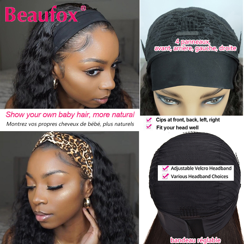 Beaufox Water Wave Headband Wigs For Black Women Brazilian Scarf Hine Made Highlight Curly Human Hair Wig