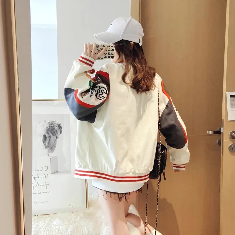 Trendy Baseball Uniform Women Jacket Loose Vintage Coats Embroidery Overcoats Autumn Winter Print Fashison Motorcycle Jacket 241205