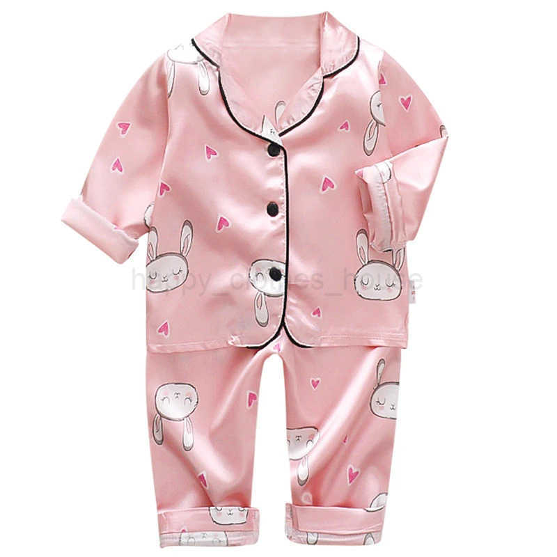 Korean version of childrens pajamas set silk satin long sleeve top+trousers two -piece male baby girl solid color setXJ241205