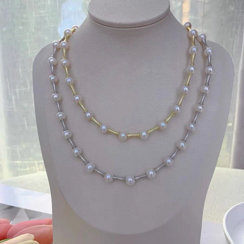 100% Natural Fresh Water Bright White AKOYA Pearl Necklace Bamboo Knot Kravik Chain Star Style Mens and Womens Jewelry 241205