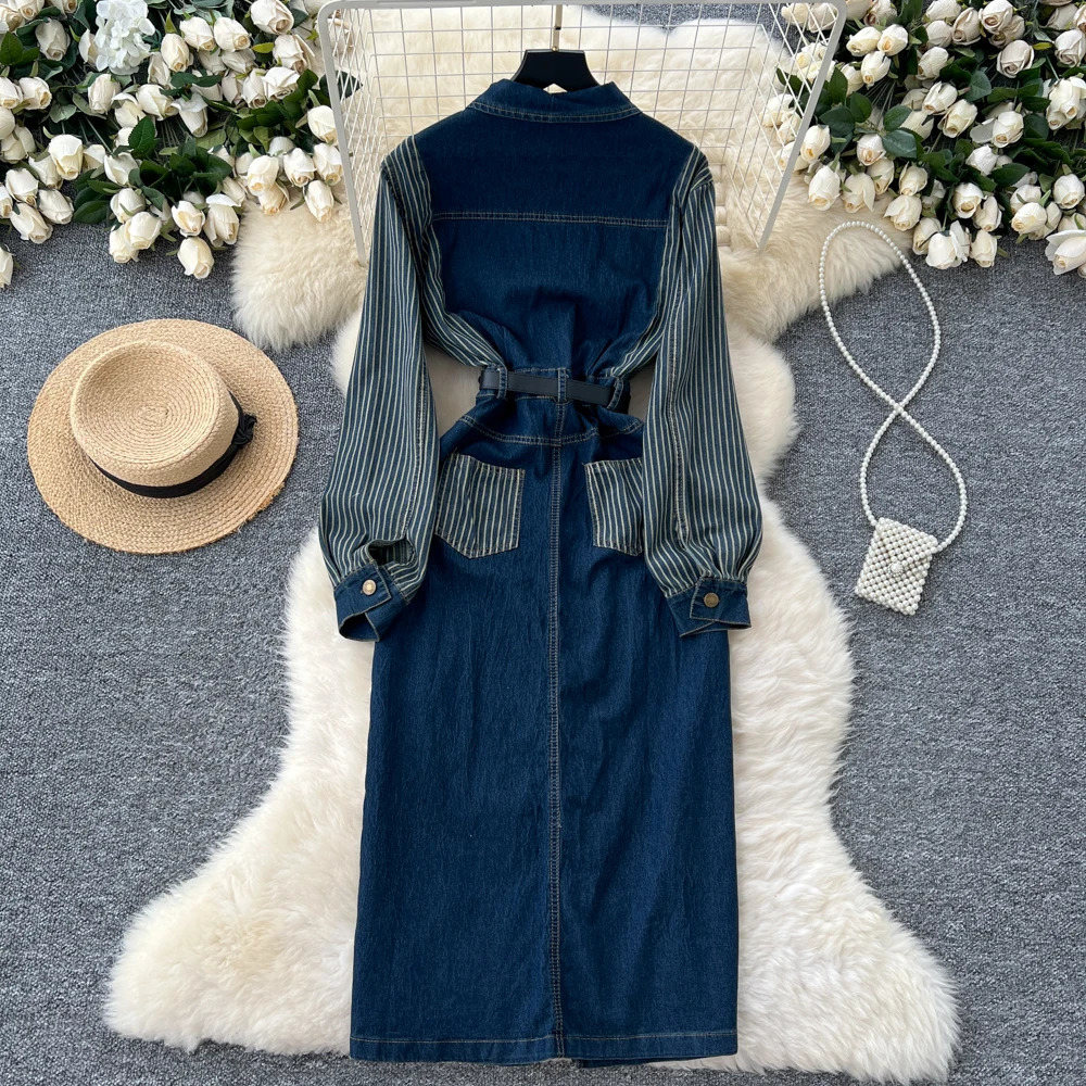 Women Long-sleeved Denim Dress Design Sense Niche Long-Sleeved Striped Splicing Lapel Metal Buckle Waist Slim Split Jeans Dress 241204