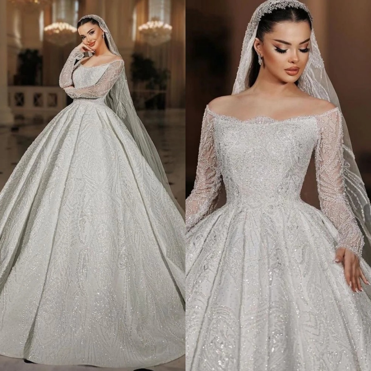 Sparkly Beaded Wedding Dress With Train Strapless Long Sleeve Bridal Gown Customized Ball Gowns Dresses For Bride vestidos de novia